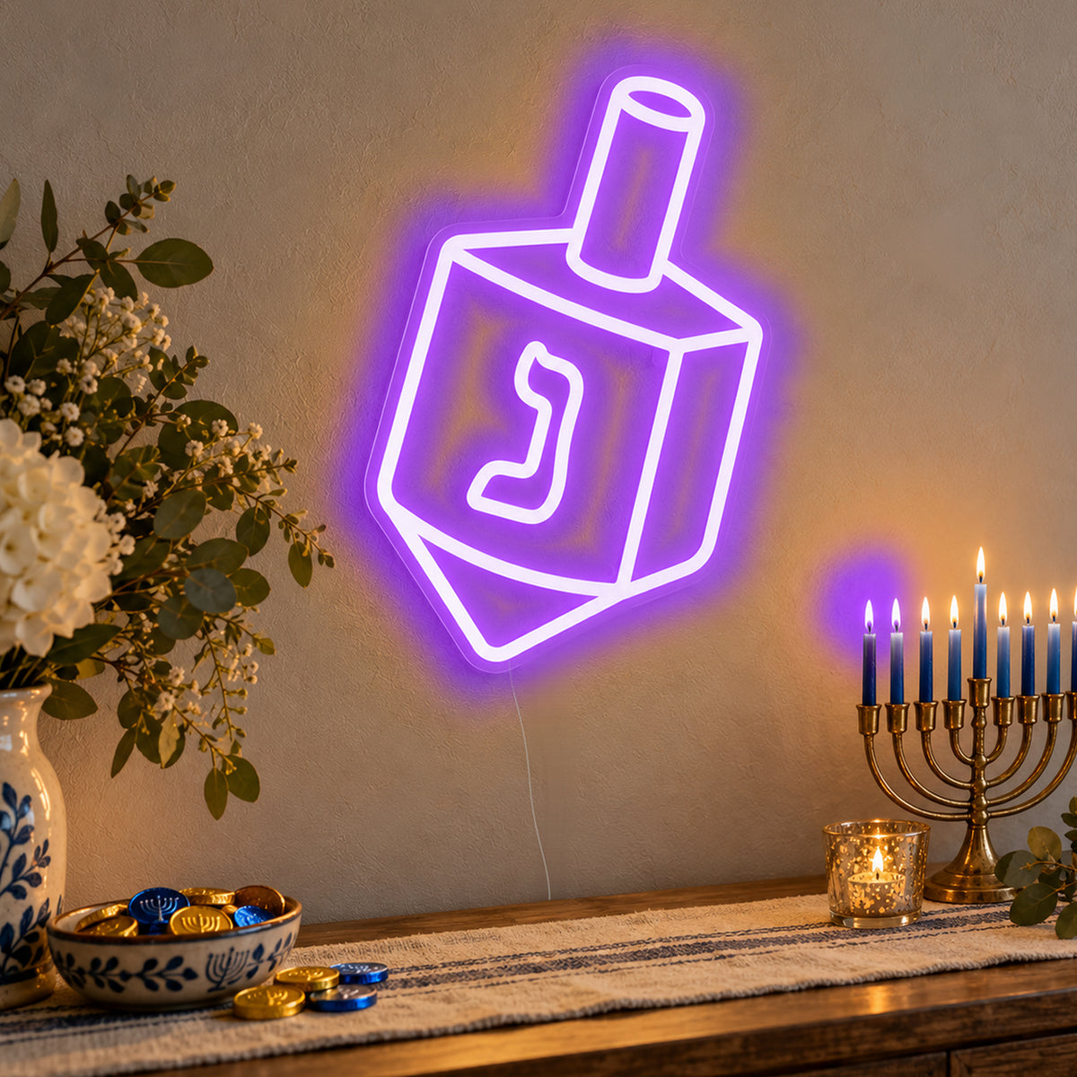 Dreidel Neon Sign in purple LED neon on clear acrylic, angled view