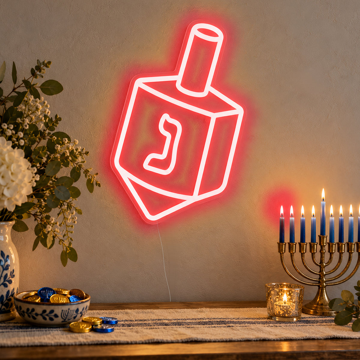 Dreidel Neon Sign in red LED neon on clear acrylic, angled view