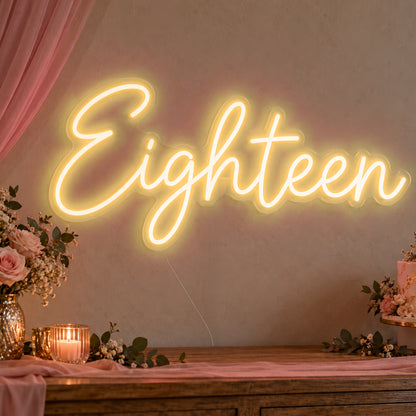 Eighteen Neon Sign in gold LED neon on clear acrylic, angled view