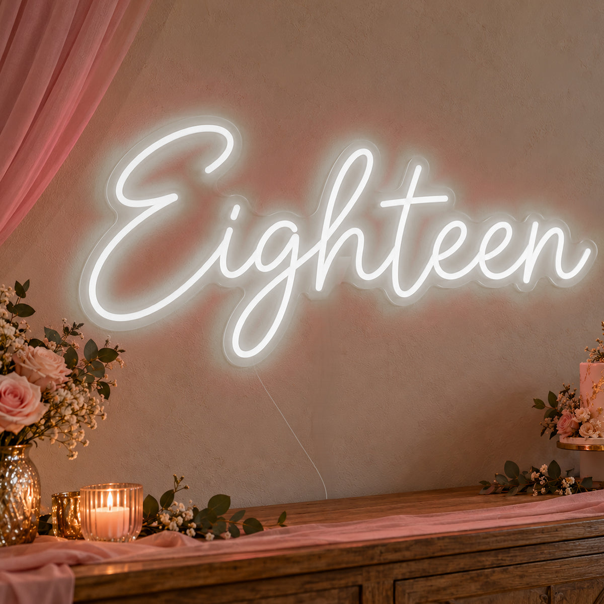 Eighteen Neon Sign in white LED neon on clear acrylic, angled view
