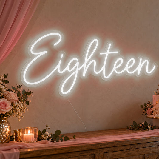 Eighteen Neon Sign in white LED neon on clear acrylic, angled view