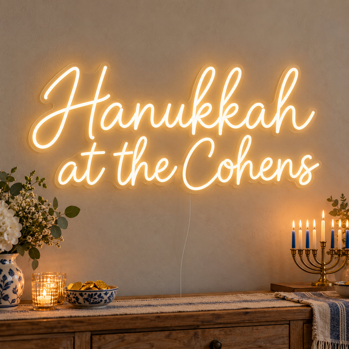 Personalised Family Hanukkah Neon Sign on clear cut-to-shape acrylic in an illuminated wall display; example personalisation shown.