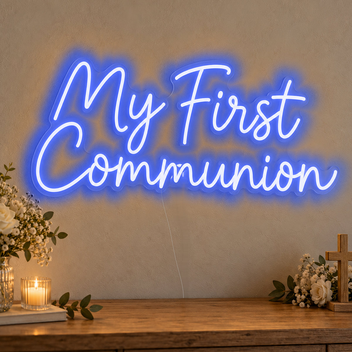 First Communion Neon Sign in blue LED neon on clear acrylic, angled view