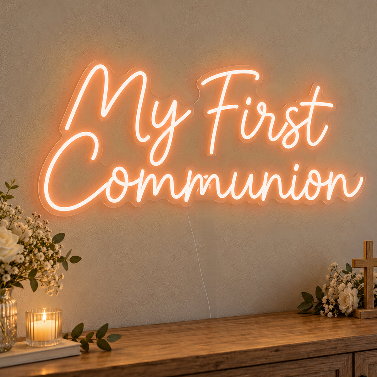 First Communion Neon Sign in orange LED neon on clear acrylic, angled view