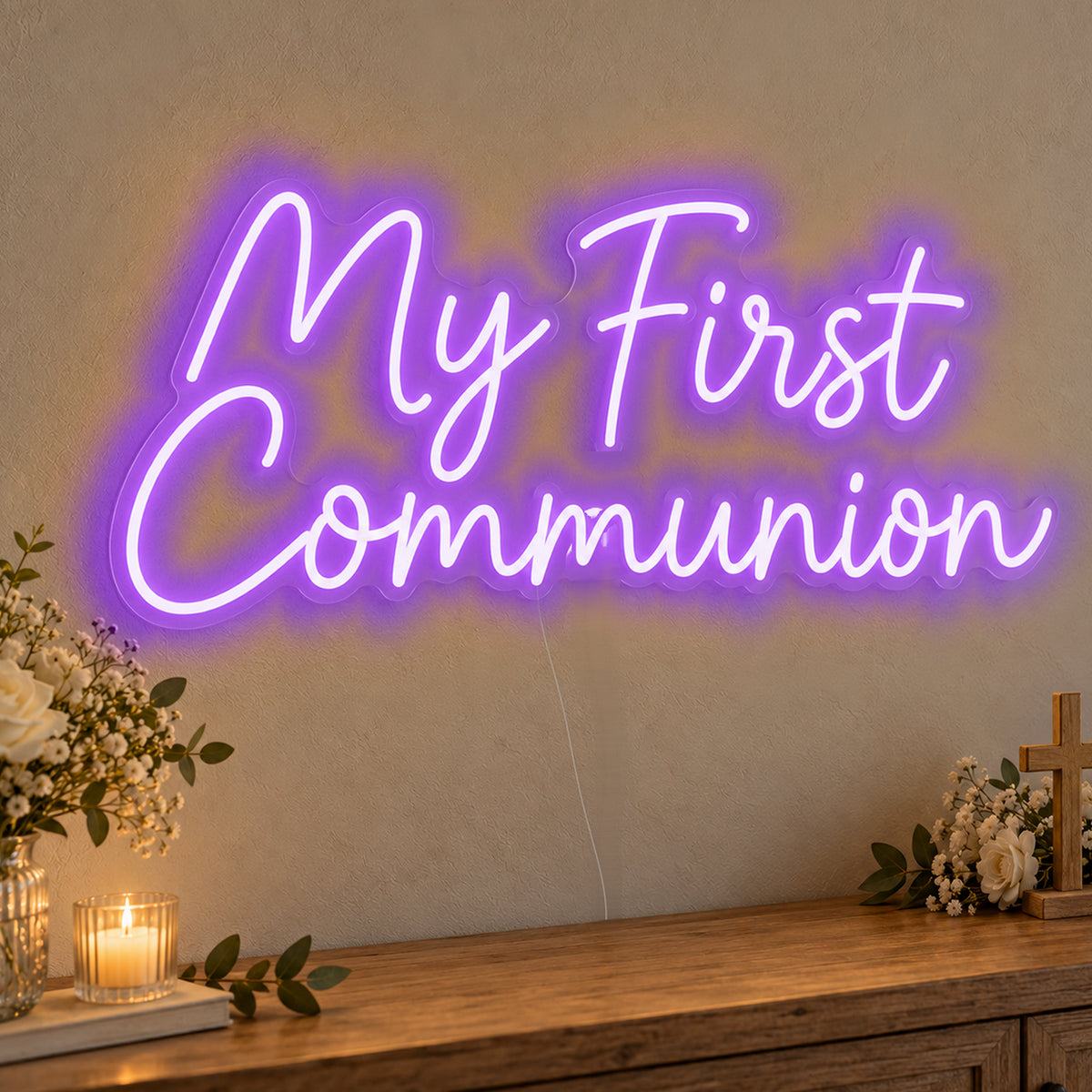 First Communion Neon Sign in purple LED neon on clear acrylic, angled view