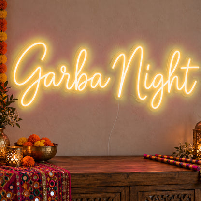 Garba Night Neon Sign in gold LED neon on clear acrylic, angled view