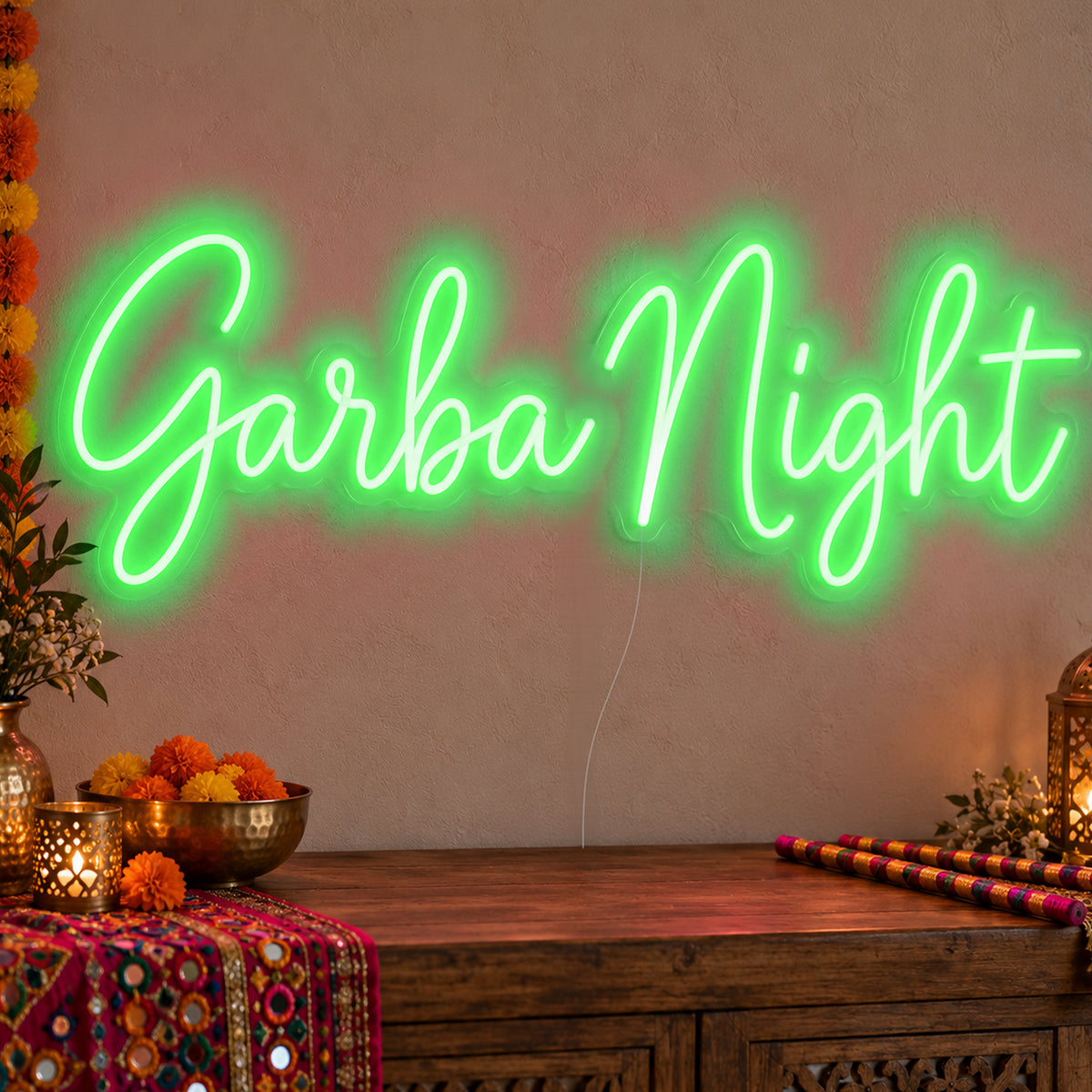 Garba Night Neon Sign in green LED neon on clear acrylic, angled view