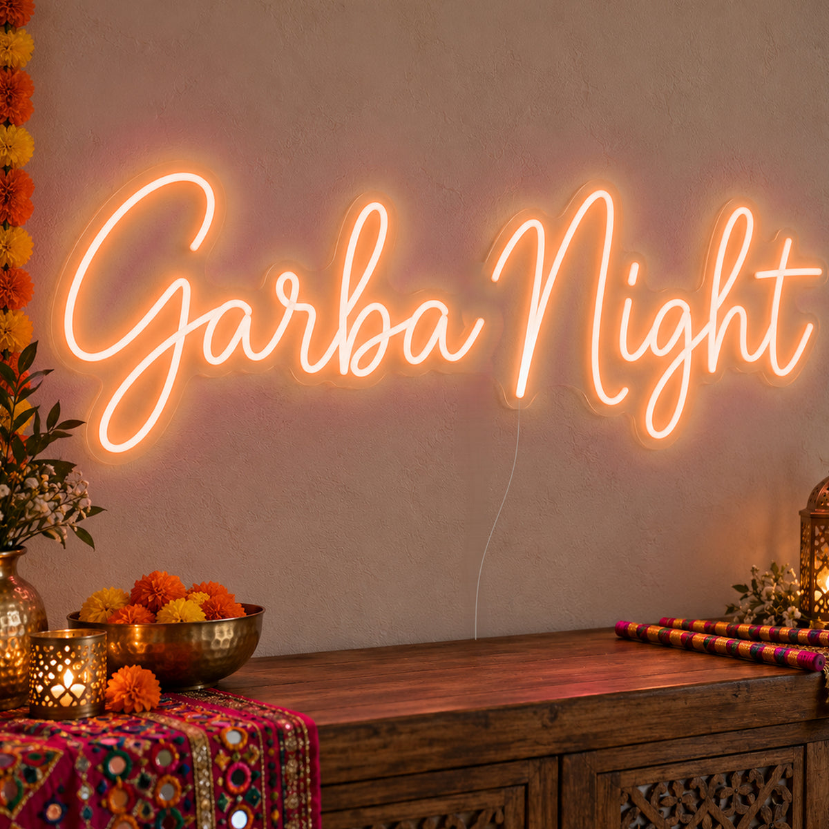 Garba Night Neon Sign in orange LED neon on clear acrylic, angled view