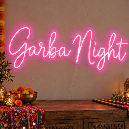Garba Night Neon Sign in rose red LED neon on clear acrylic, angled view