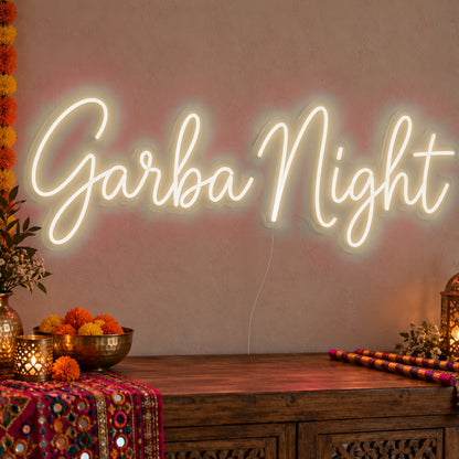 Garba Night Neon Sign in warm white LED neon on clear acrylic, angled view