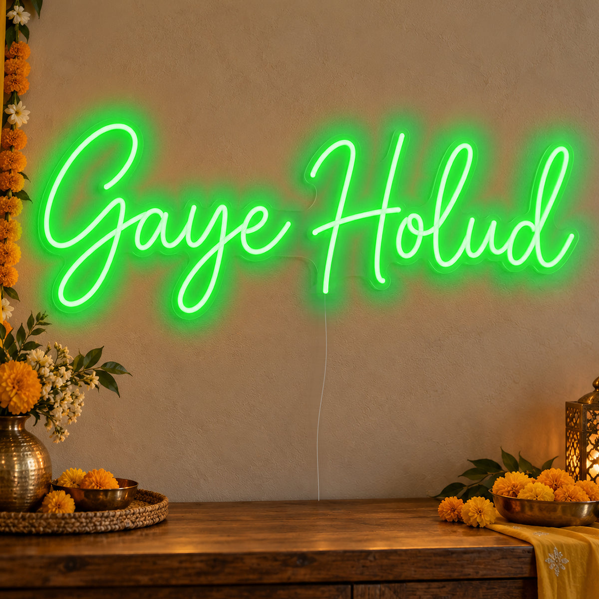 Gaye Holud Neon Sign in green LED neon on clear acrylic, angled view