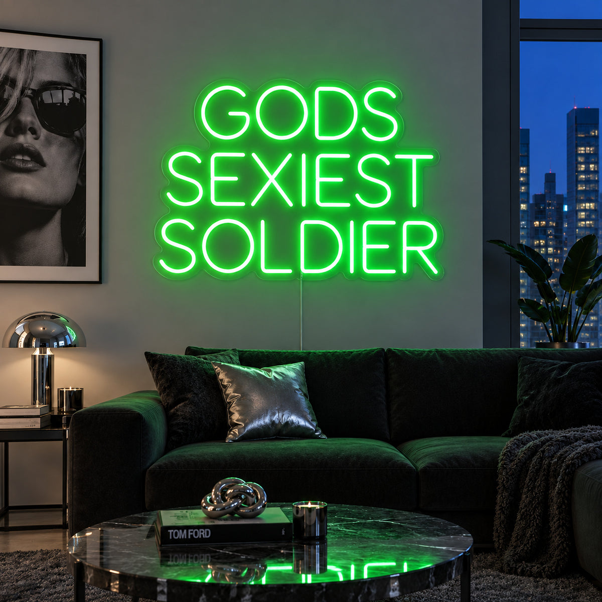 Gods Sexiest Soldier Neon Sign with green lighting, displayed in rounded lettering above a dark sofa.