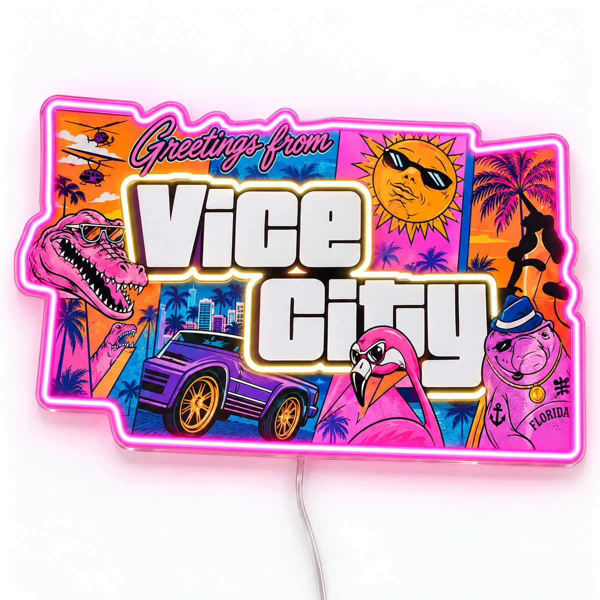 Greetings from Vice City Neon Sign – A bright retro Vice City postcard collage featuring Macca, Chunkee, a flamingo and tropical artwork, with a pink neon frame.