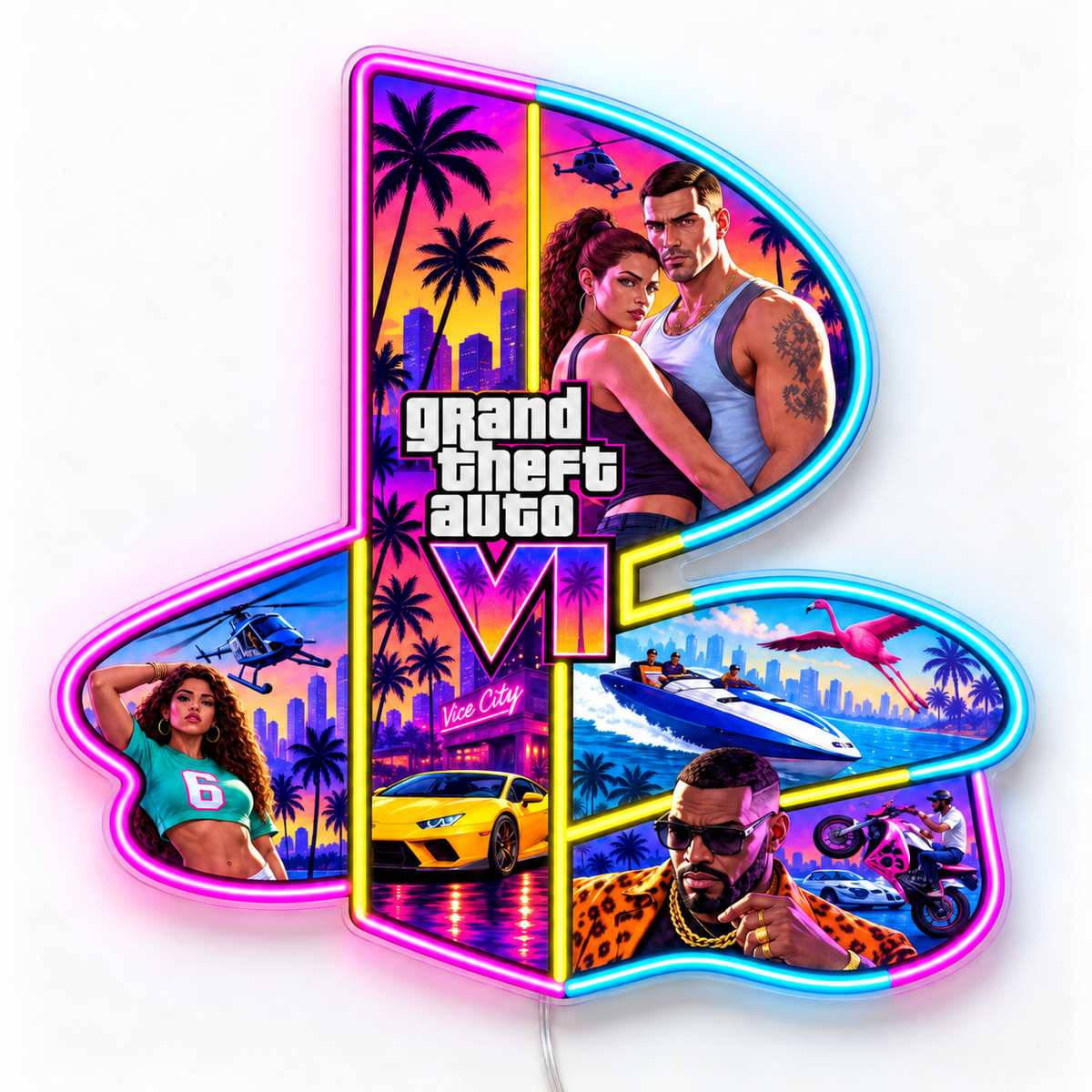 GTA VI PlayStation Collage Neon Sign – A PlayStation-shaped Vice City collage with pink and cyan outer neon and yellow illuminated panel outlines.