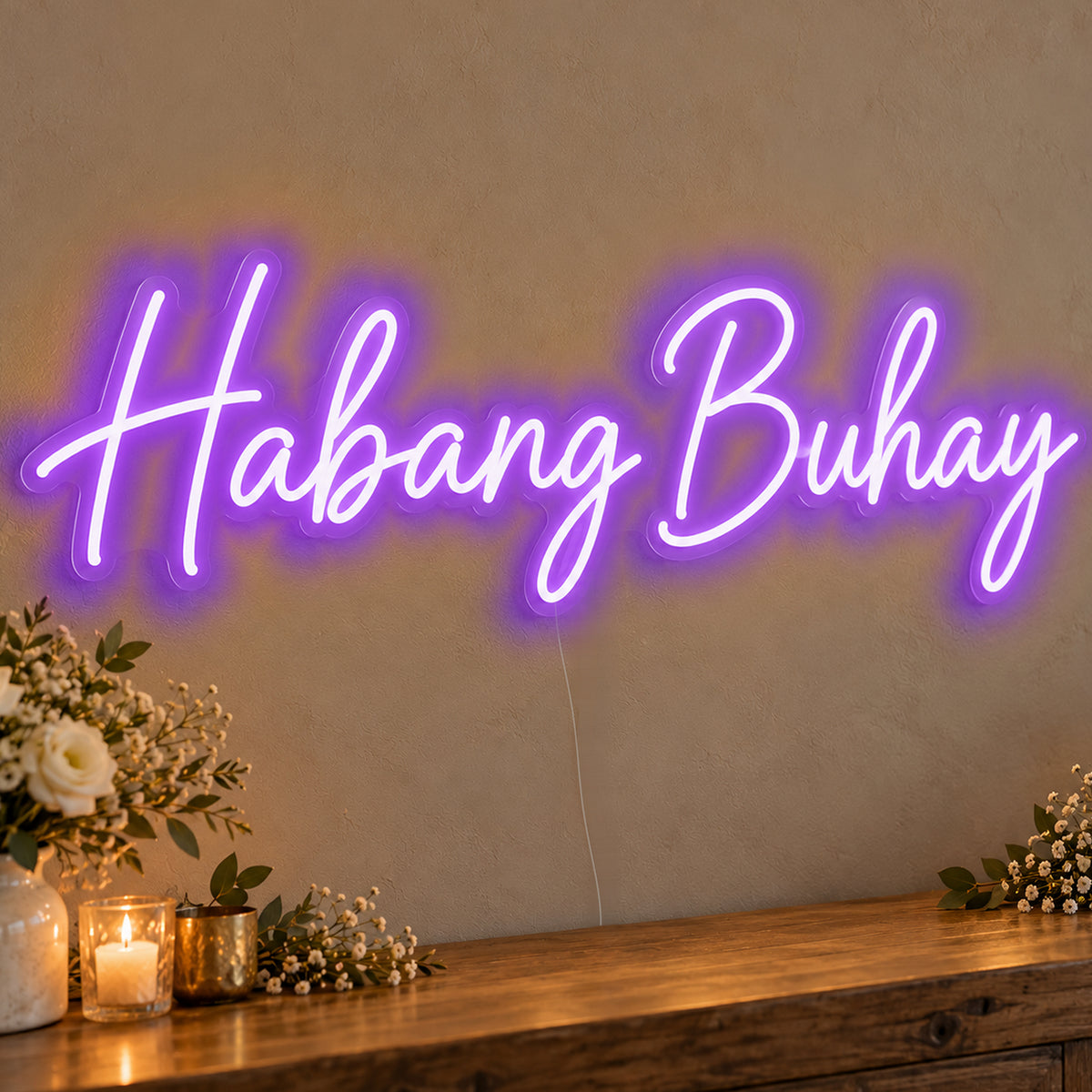 Habang Buhay Neon Sign in purple LED neon on clear acrylic, angled view