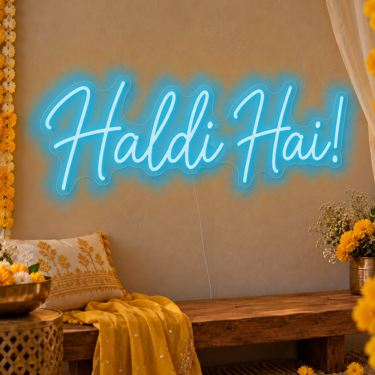 Haldi Hai Neon Sign in ice blue LED neon on clear acrylic, angled view