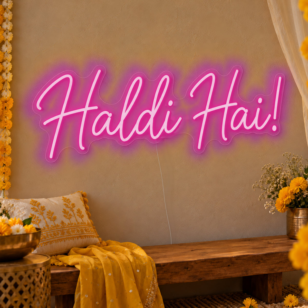 Haldi Hai Neon Sign in pink LED neon on clear acrylic, angled view