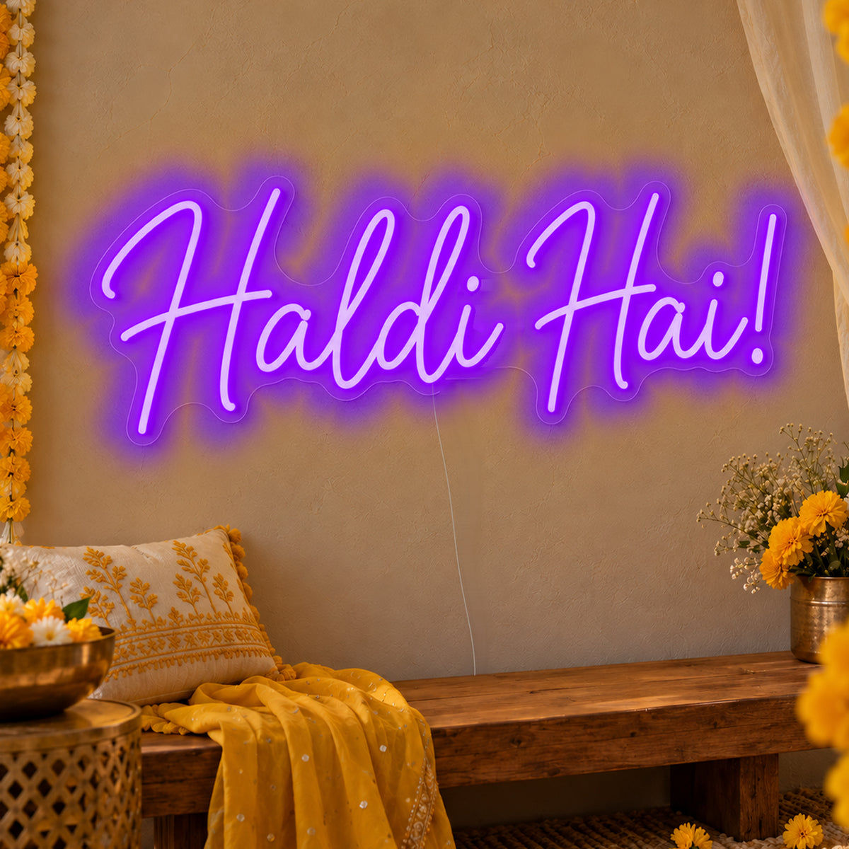 Haldi Hai Neon Sign in purple LED neon on clear acrylic, angled view