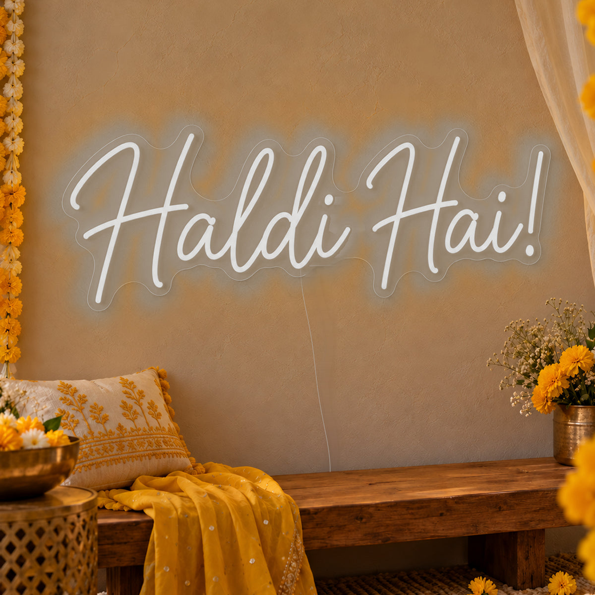 Haldi Hai Neon Sign in white LED neon on clear acrylic, angled view