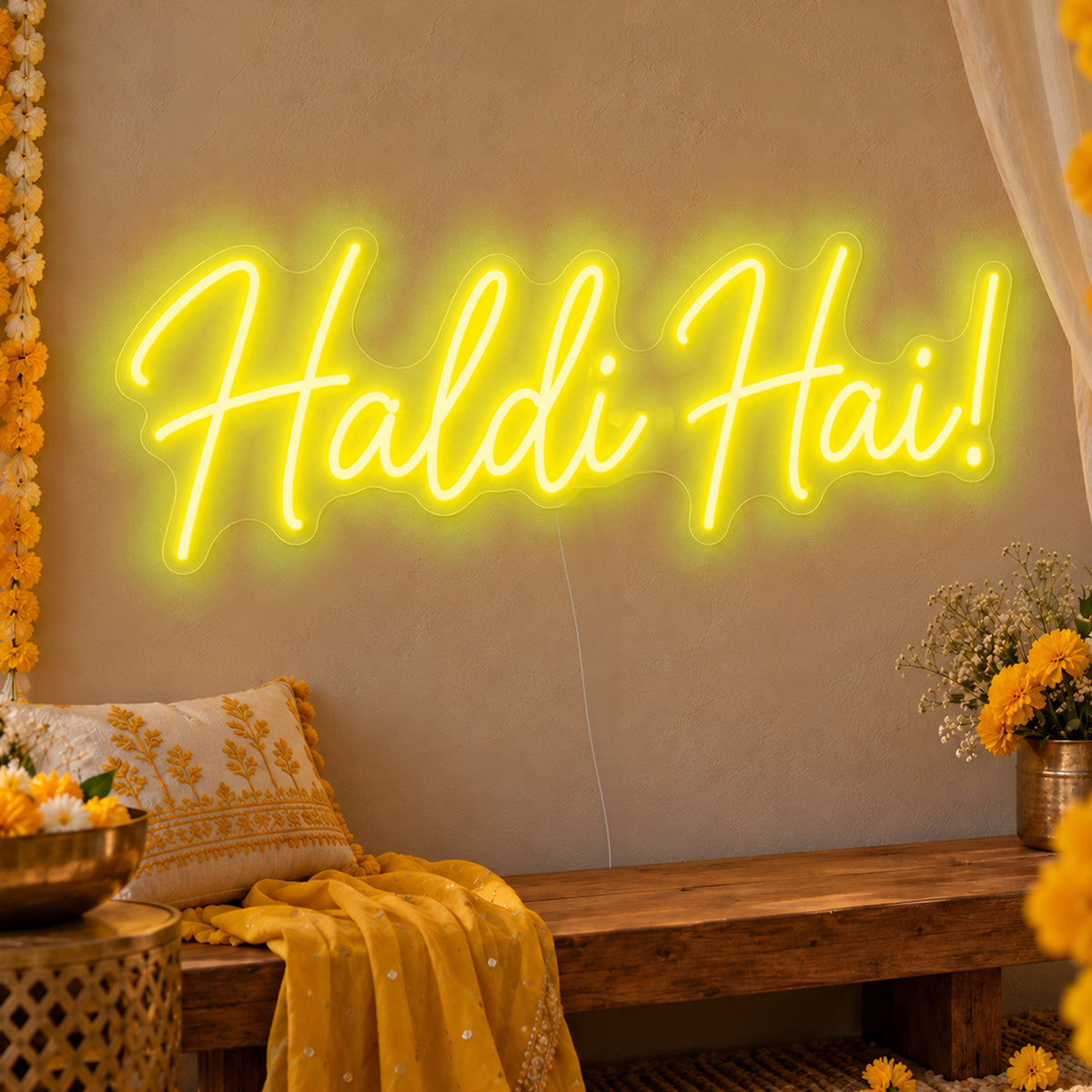Haldi Hai Neon Sign in yellow LED neon on clear acrylic, angled view