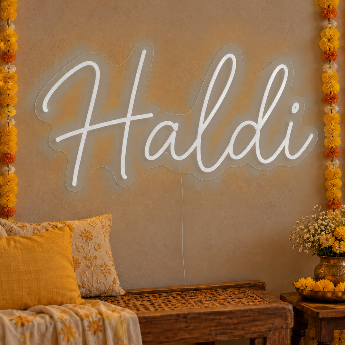 Haldi Neon Sign in white LED neon on clear acrylic, angled view
