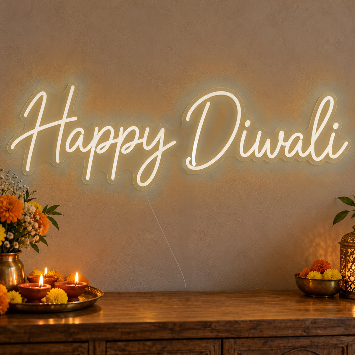 Happy Diwali Neon Sign in warm white LED neon on clear acrylic, angled view