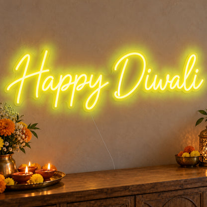 Happy Diwali Neon Sign in yellow LED neon on clear acrylic, angled view