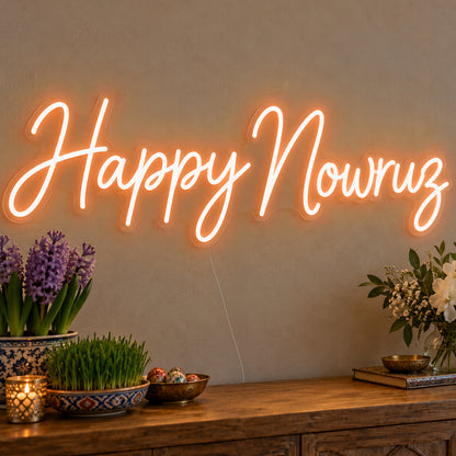 Happy Nowruz Neon Sign in orange LED neon on clear acrylic, angled view