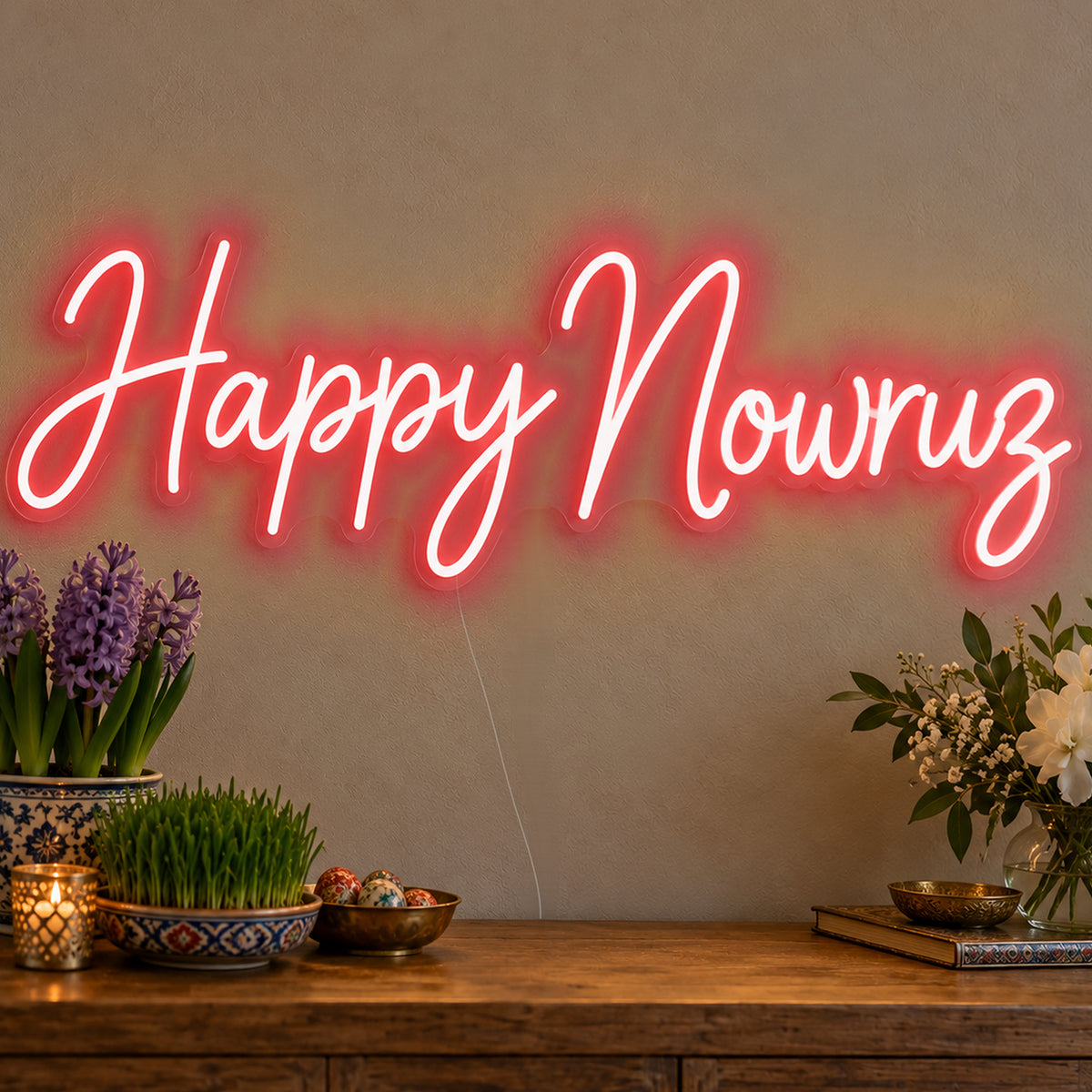 Happy Nowruz Neon Sign in red LED neon on clear acrylic, angled view