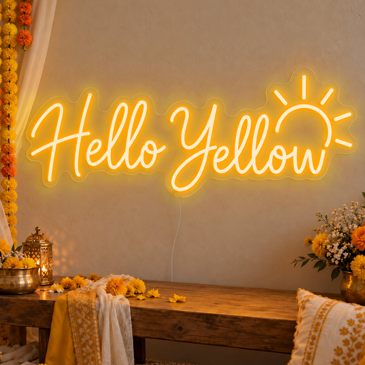 Hello Yellow Neon Sign in gold LED neon on clear acrylic, angled view