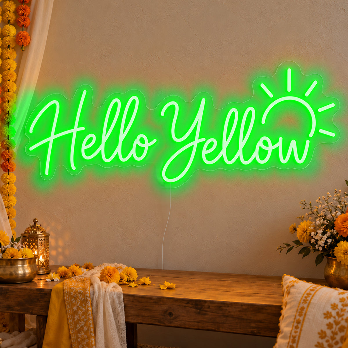 Hello Yellow Neon Sign in green LED neon on clear acrylic, angled view
