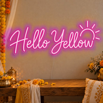 Hello Yellow Neon Sign in pink LED neon on clear acrylic, angled view