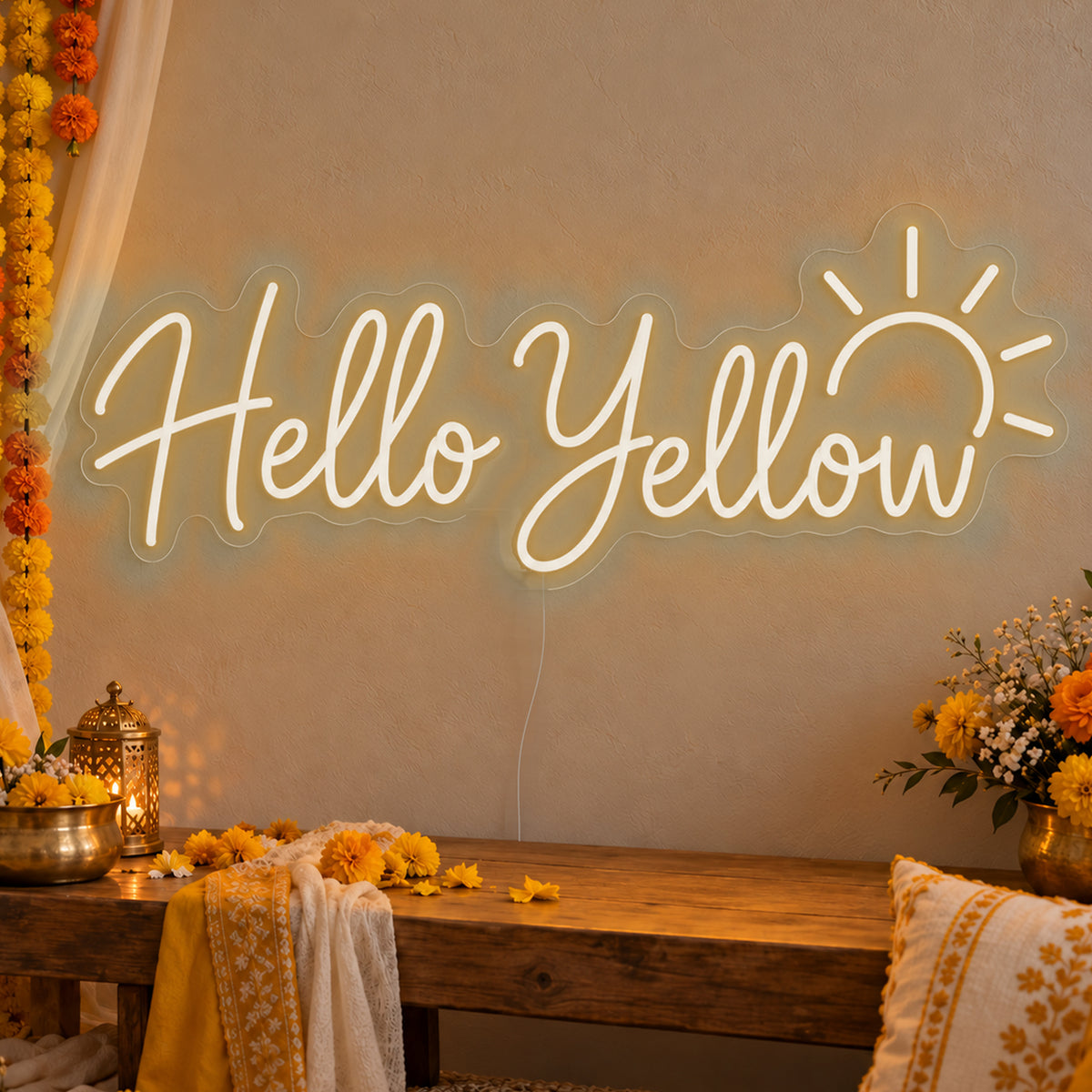 Hello Yellow Neon Sign in warm white LED neon on clear acrylic, angled view
