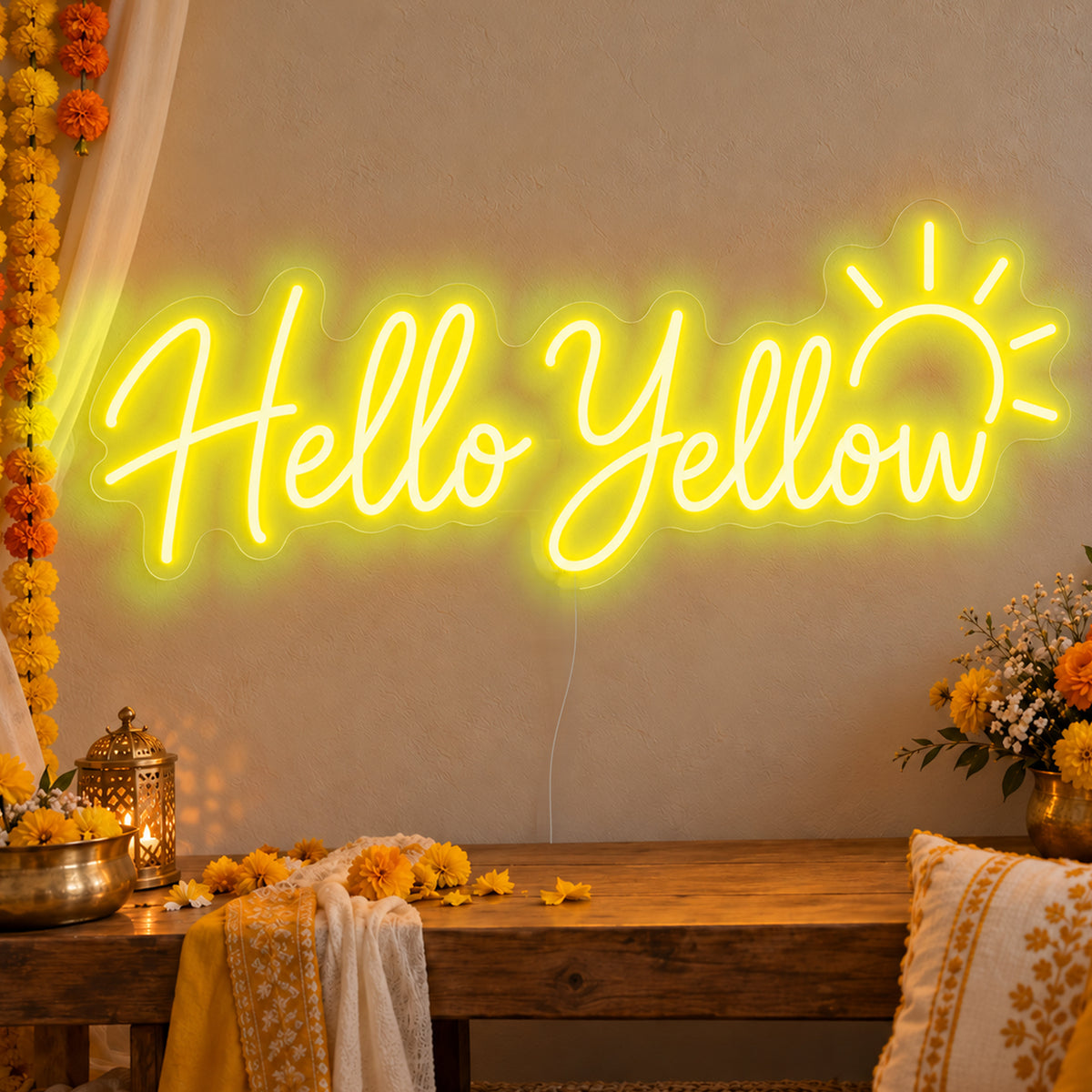Hello Yellow Neon Sign in yellow LED neon on clear acrylic, angled view
