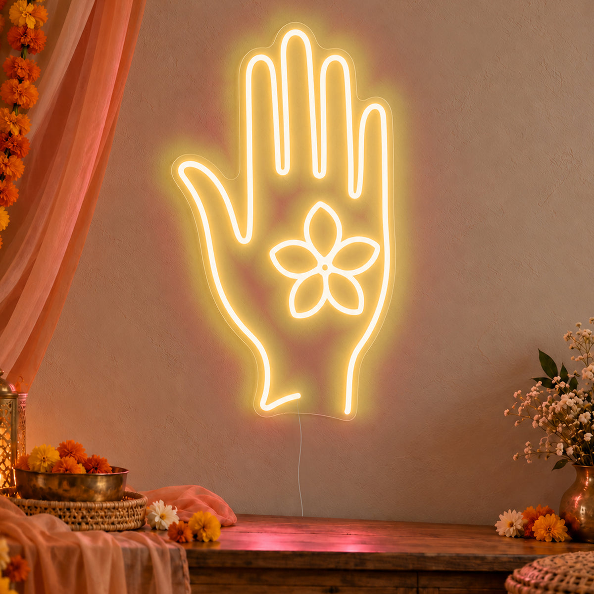 Henna Hand Neon Sign in gold LED neon on clear acrylic, angled view
