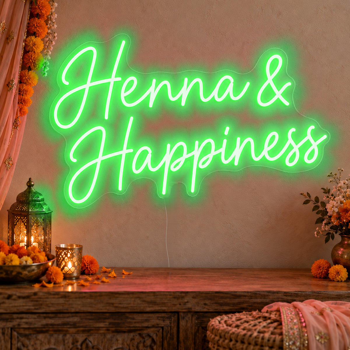 Henna Happiness Neon Sign in green LED neon on clear acrylic, angled view