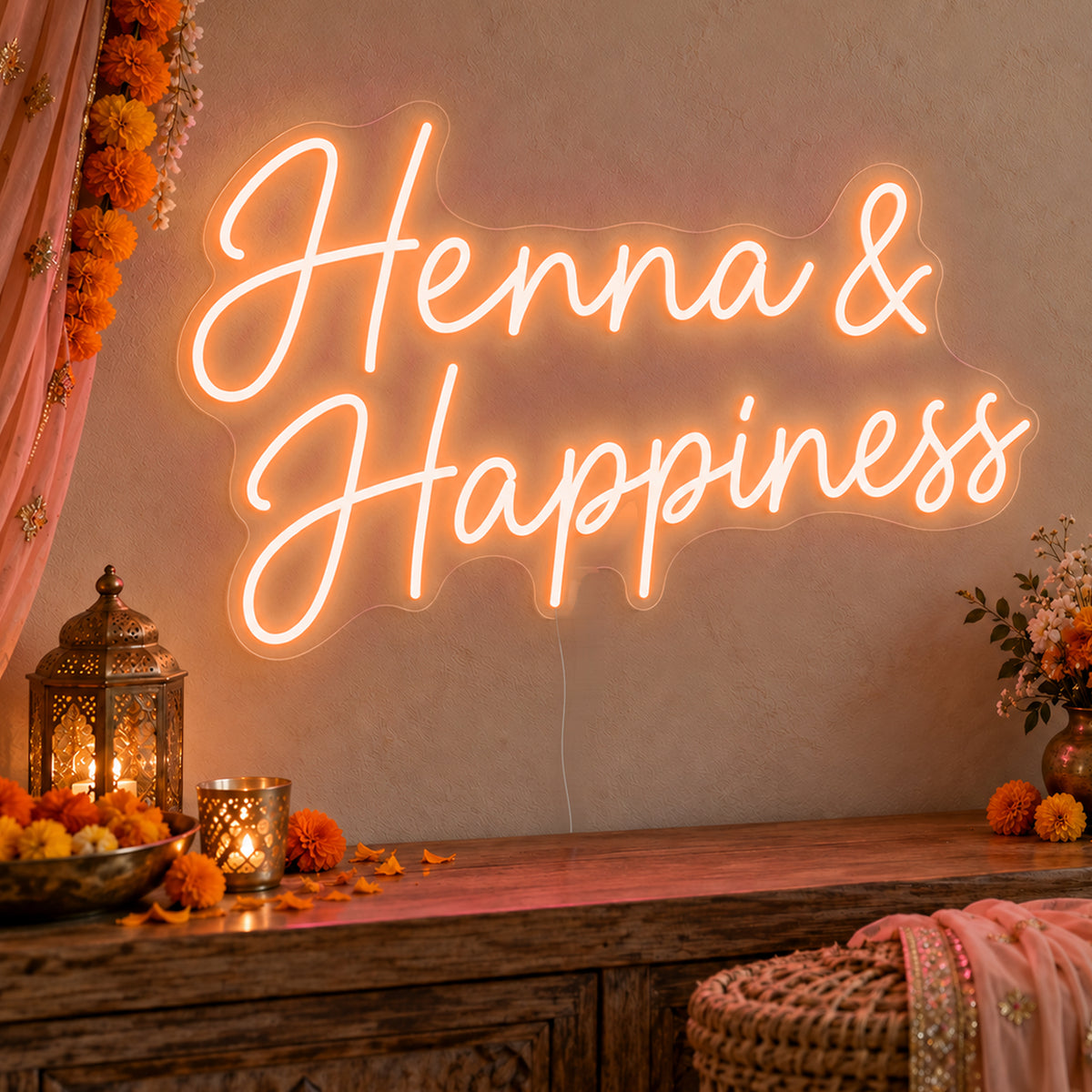 Henna Happiness Neon Sign in orange LED neon on clear acrylic, angled view
