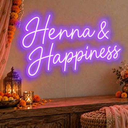 Henna Happiness Neon Sign in purple LED neon on clear acrylic, angled view