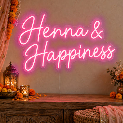 Henna Happiness Neon Sign in rose red LED neon on clear acrylic, angled view