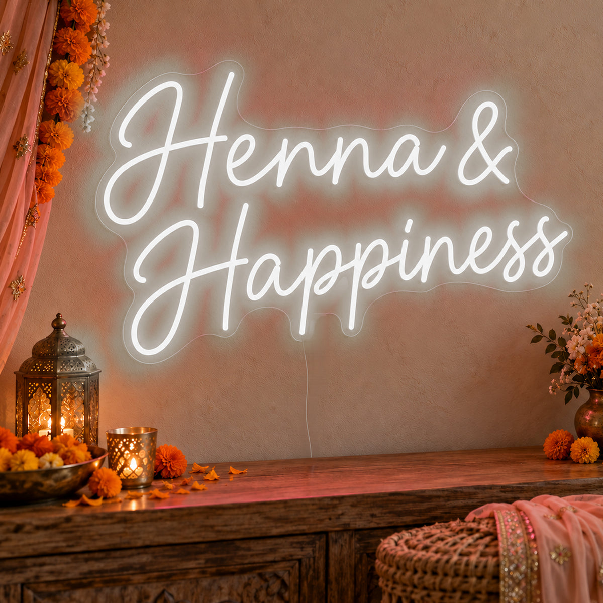 Henna Happiness Neon Sign in white LED neon on clear acrylic, angled view