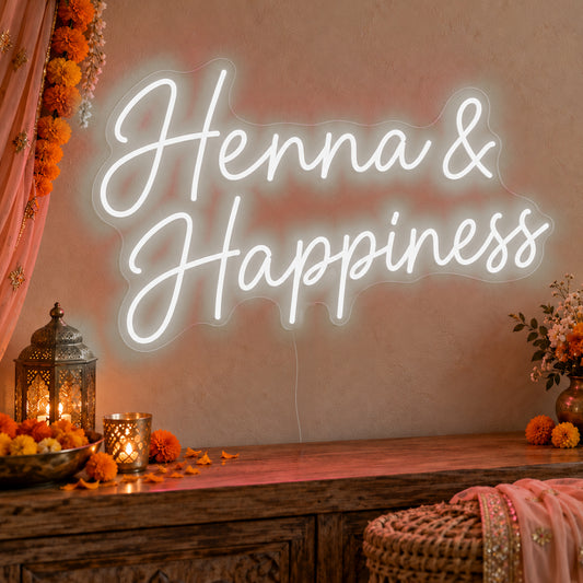 Henna Happiness Neon Sign in white LED neon on clear acrylic, angled view