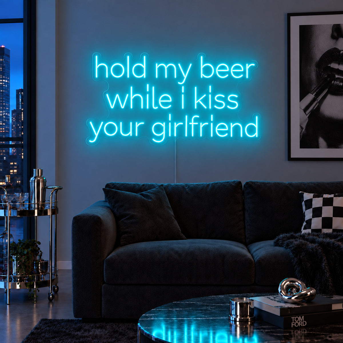 Ice Blue version of the Hold My Beer While I Kiss Your Girlfriend Neon Sign, shown above a burgundy sofa.