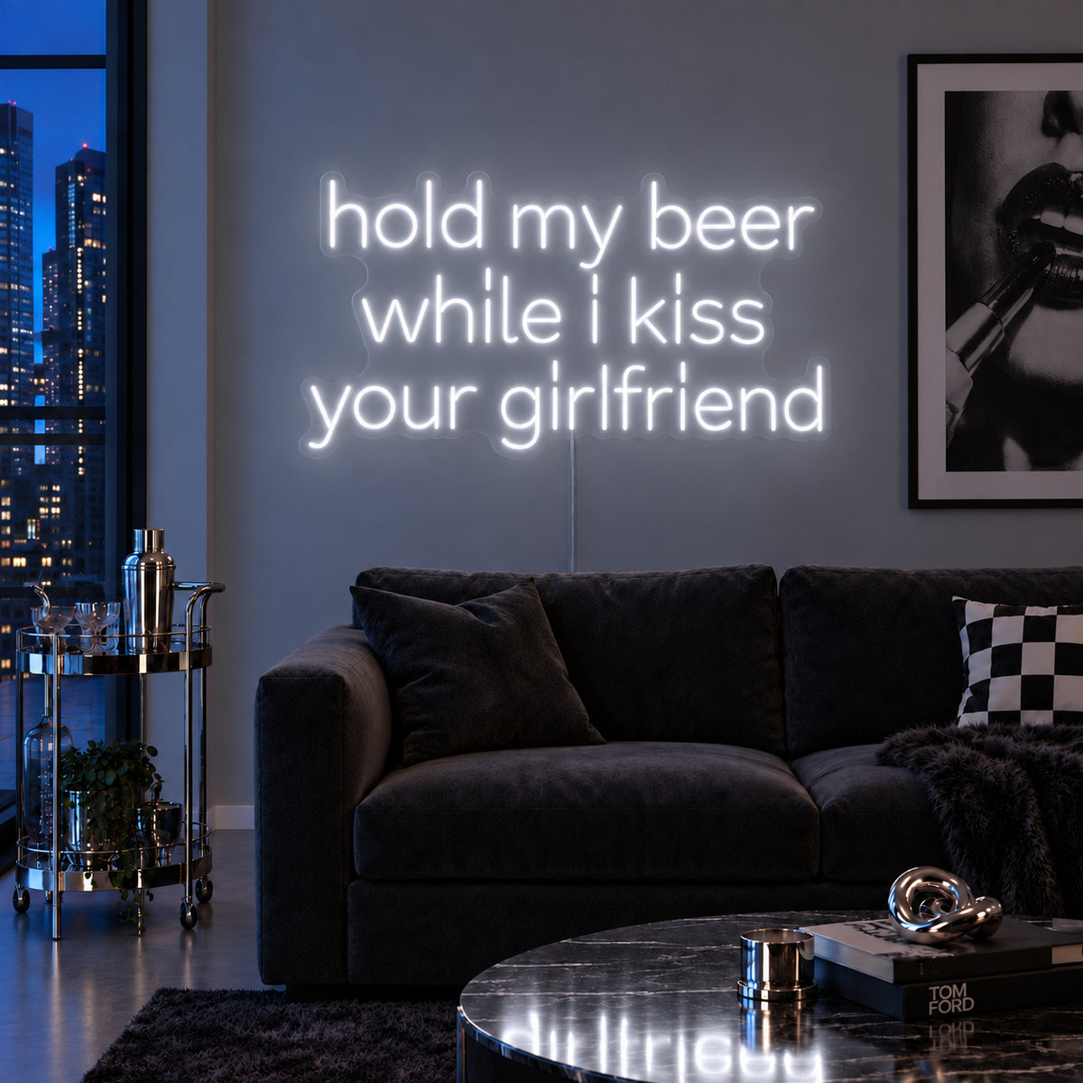 Hold My Beer While I Kiss Your Girlfriend Neon Sign, RGB colour-changing option shown in white above a burgundy sofa.