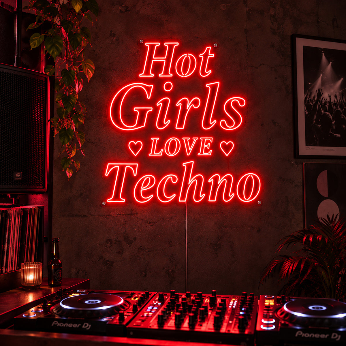 Hot Girls Love Techno Neon Sign with red lighting, displayed with heart details above a DJ setup.