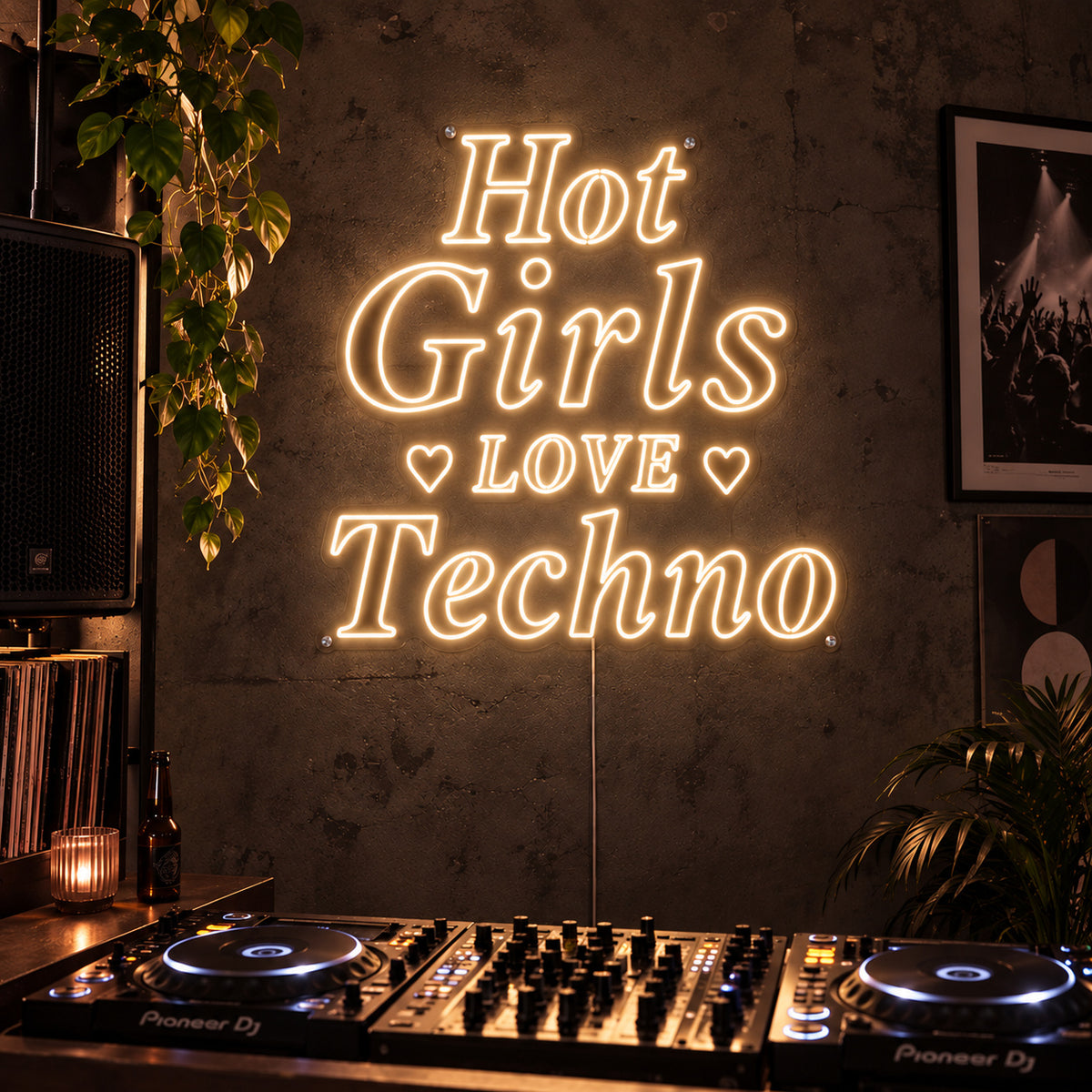 Warm White version of the Hot Girls Love Techno Neon Sign, shown with heart details above a DJ setup.