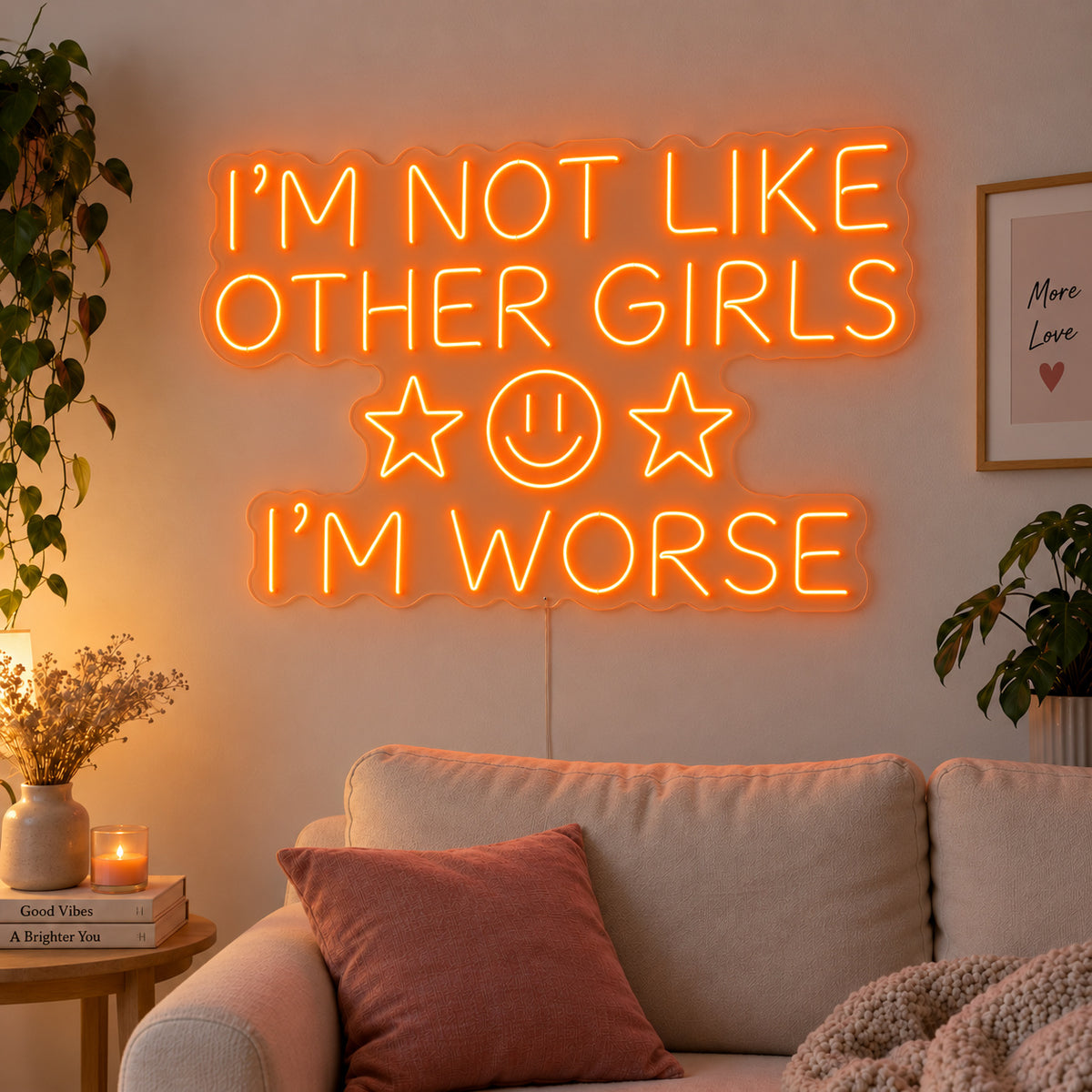 Orange version of the I'm Not Like Other Girls I'm Worse Neon Sign, shown with stars and a smiley face above a cream sofa.