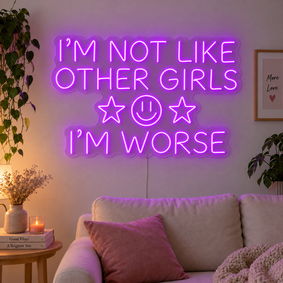 I'm Not Like Other Girls I'm Worse Neon Sign with purple lighting, displayed with stars and a smiley face above a cream sofa.