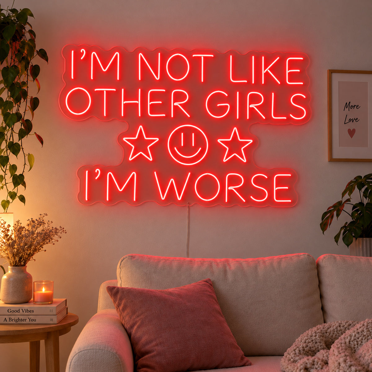 I'm Not Like Other Girls I'm Worse Neon Sign with red lighting, displayed with stars and a smiley face above a cream sofa.