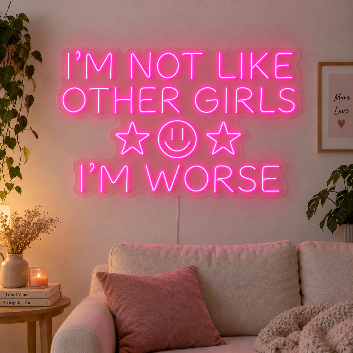 I'm Not Like Other Girls I'm Worse Neon Sign in rose red with stars and a smiley face above a cream sofa.