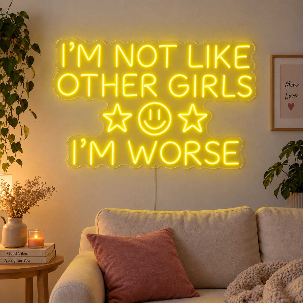 I'm Not Like Other Girls I'm Worse Neon Sign with yellow lighting, displayed with stars and a smiley face above a cream sofa.